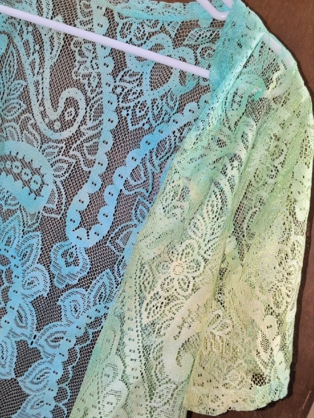 Sheer Lace Fringe Kimono in Aqua-Green And Yellow. No Tags Hand Ice Dyed